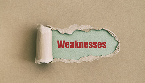 Weaknesses Torn paper revealing the word weaknesses as part of a swot analysis concept.