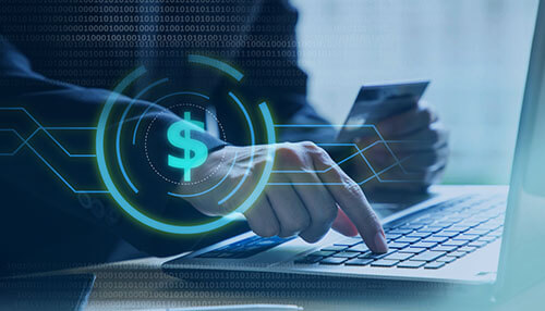 Crypto payment option Close-up of a person entering credit card details on a laptop, with a glowing blue dollar sign and digital security overlay, representing secure transactions and payments at online casinos.