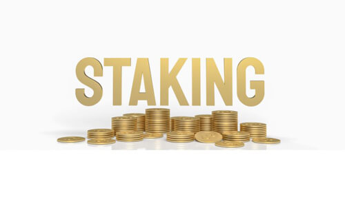 Staking The word staking in bold gold 3d lettering positioned above stacks of gold coins, representing the passive income opportunities available through decimalchain.