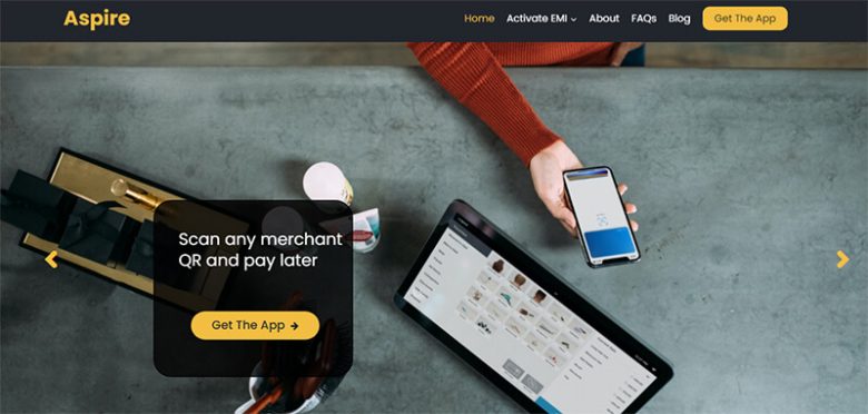 Aspire Aspire app interface offering qr-based buy now pay later payment solutions for merchants.