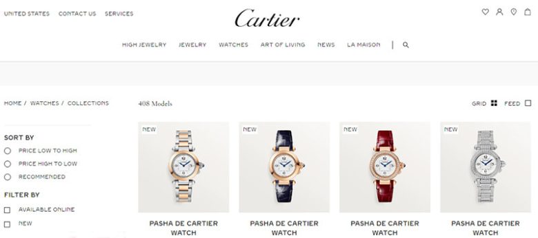 Cartier Cartier watch collection page showing multiple luxury wristwatch models with different strap and case variations.