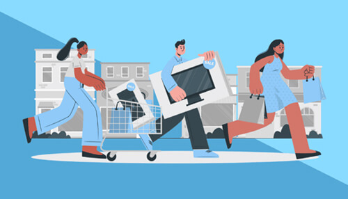 Discounts - tycoonstory | tycoonstory media Resumewritingworld discounts concept illustrated by shoppers carrying bags and electronics, symbolizing special offers, deals, and savings on resume writing services.