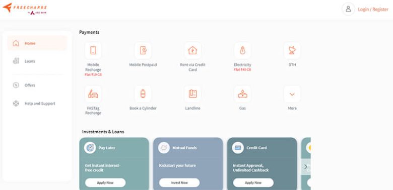 Freecharge Freecharge financial services dashboard displaying loans and buy now pay later options for users.