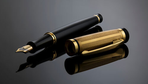 Engraved pens Luxury engraved pens featuring a black and gold fountain pen with detailed engraving, showcased on a reflective surface for an elegant look