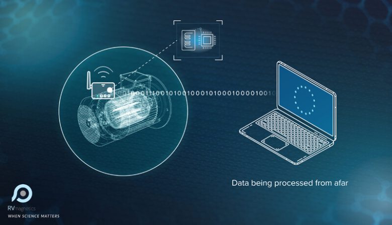 Rvmagnetics An illustration showing data being processed from afar, with a wireless sensor sending data to a laptop, symbolizing rvmagnetics' innovative solutions in remote monitoring and data transmission.