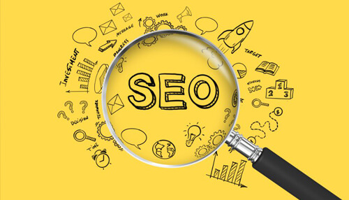 Search engine optimization White label nft marketplace: a magnifying glass over the word "seo" with related icons.