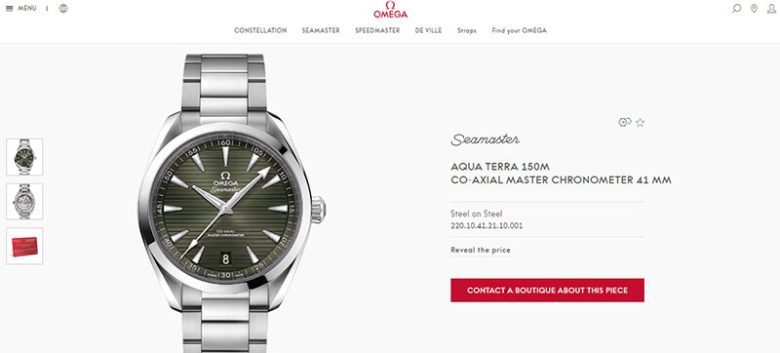 Omega sea master aqua terra Omega seamaster aqua terra watch displayed on brand website featuring stainless steel case and chronometer movement.
