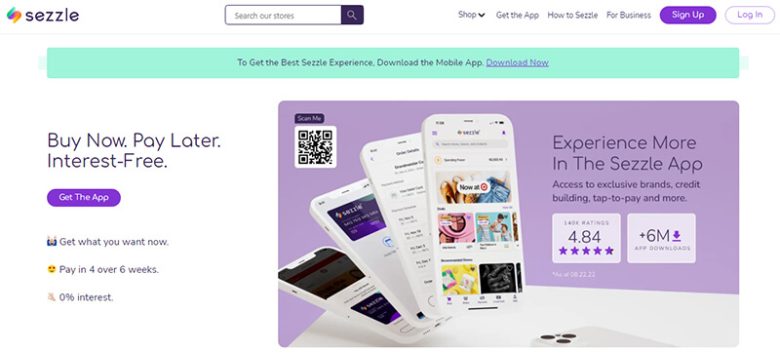 Sezzle Sezzle website interface highlighting buy now pay later interest-free installment options.
