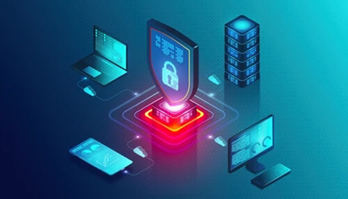 Insider threats Digital security shield surrounded by connected devices, representing cybersecurity systems designed to detect and prevent insider threats.