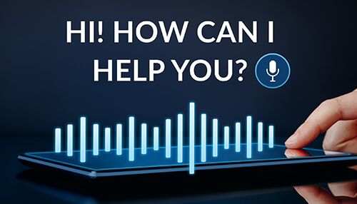 Voice message - tycoonstory | tycoonstory media Voice assistant interface on a tablet: "hi! How can i help you? " with soundwave graphics and an icon of a fingertip.