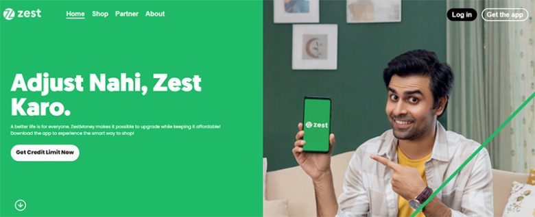 Zestmoney Zest app homepage promoting buy now pay later credit limit for flexible shopping payments.
