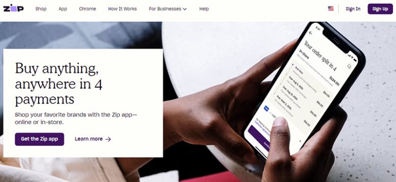 Zip Zip app homepage promoting buy now pay later in four installment payments for online shopping.