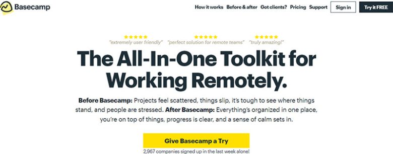 Basecamp Basecamp website homepage displaying the headline “the all-in-one toolkit for working remotely” with navigation links and a call-to-action button to try basecamp.