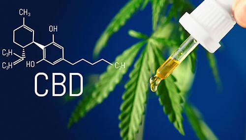 Cbd business - tycoonstory | tycoonstory media Cbd oil dropper with a hemp leaf in the background and chemical structure diagram, representing cbd business industry.