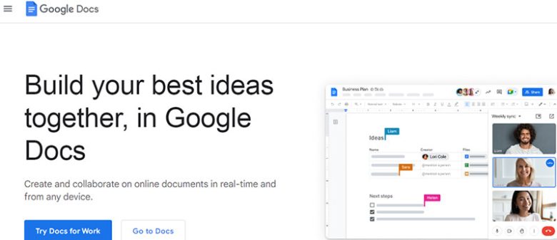 Google docs Google docs interface displaying real-time document editing and video chat, demonstrating online teamwork and shared document creation.