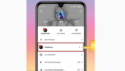 Instagram Unfollowers tracking screen showing users who unfollowed or are not following back
