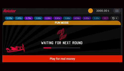 How to register and play the aviator game Gameplay screen of aviator game, showing the round's progress with the 'Play for real money' button and multiple game multiplier options.