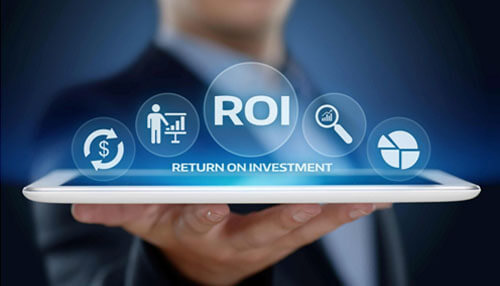 Increased sales and roi A person holding a tablet displaying icons and statistics related to roi (return on investment), illustrating digital marketing success metrics.