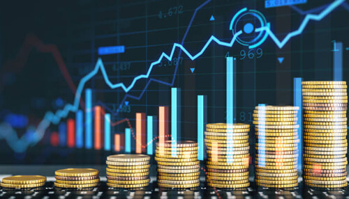 Investment approach Stacks of coins and cryptocurrency market charts showing growth trends, representing the rising value of cryptocurrencies and market analysis.