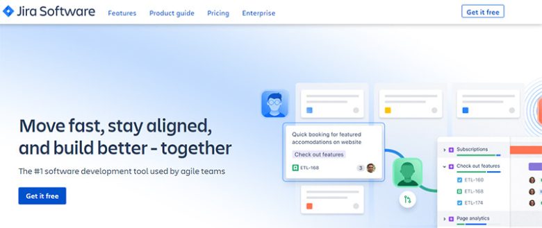 Jira Jira software homepage banner showing the headline “move fast, stay aligned, and build better – together” with illustrated project task cards and agile workflow visuals.