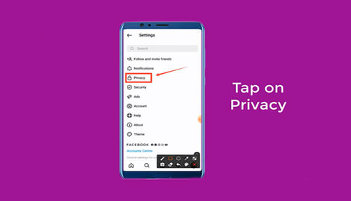 Instagram Step-by-step guide highlighting how to tap on privacy settings inside the instagram app
