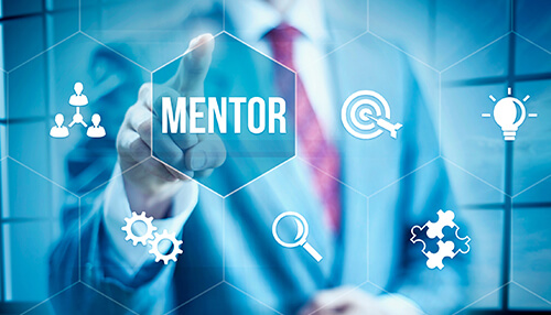 Mentor Business professional selecting a digital mentor icon representing guidance and career development.