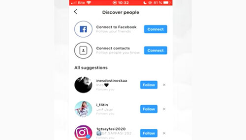 Instagram Discover people screen with suggested accounts and connect to facebook option on instagram