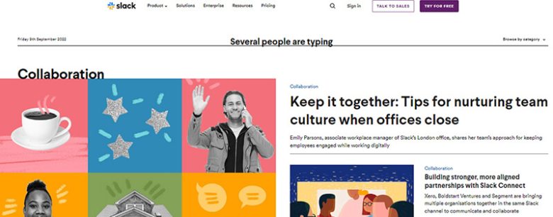 Slack Slack collaboration blog page showing team culture tips with colorful illustrations and a featured article about nurturing teamwork.