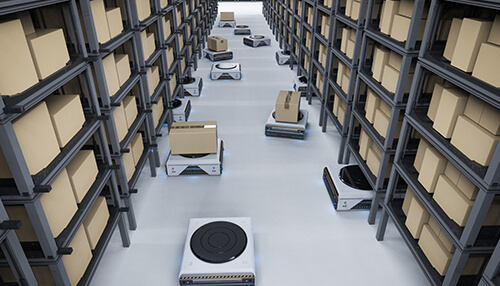 Warehouse robots Automated warehouse robots moving packages between shelves, showcasing ai in logistics improving speed, accuracy, and warehouse efficiency.