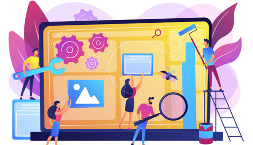 Low-investment business ideas A digital illustration of individuals working on a website design, reflecting the concept of starting a low-investment business in web development or digital services.