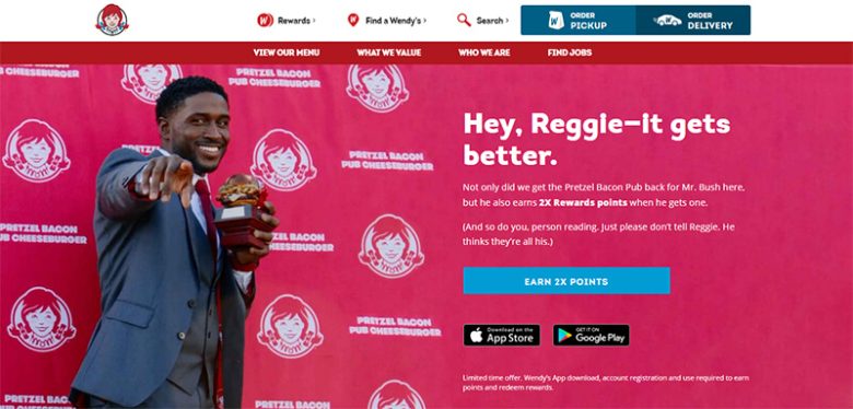 Wendy Wendy’s promotional banner for their pretzel bacon pub cheeseburger, highlighting marketing campaigns run by fast food companies.