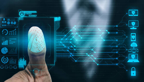 What services does identity and access management include Fingerprint scanner technology used for secure login, representing identity and access management with biometric authentication and digital security icons.