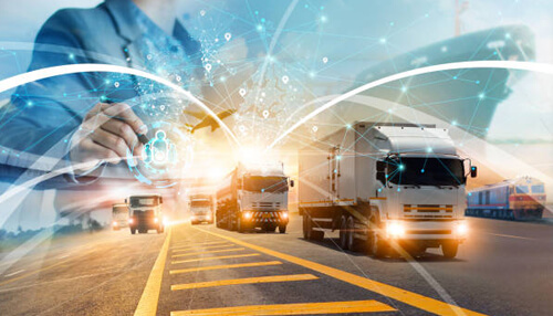 What are the benefits of using a customs broker Digital representation of trucks and logistics operations with a focus on technology, showcasing the role of customs brokers in facilitating global trade.