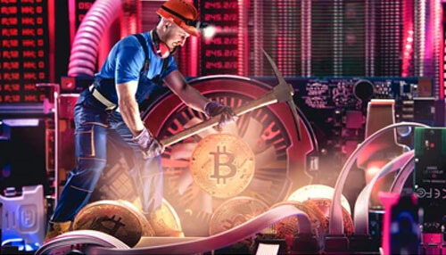 What is cryptocurrency mining A digital illustration of a bitcoin miner in safety gear using a pickaxe on a large bitcoin coin, set against a background of glowing circuit boards and data streams to represent the intensive energy process of mining crypto.