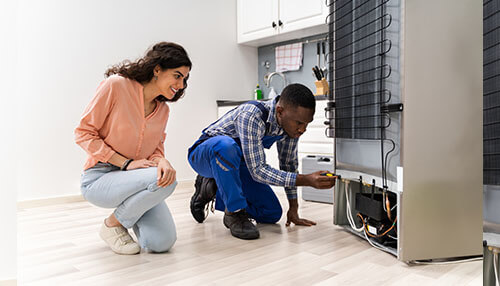 Satisfied customers - tycoonstory | tycoonstory media Appliance repair technician fixing a refrigerator while assisting a customer as part of an appliance repair business.