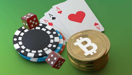 Advantages of crypto casinos Casinos represented by poker chips, playing cards, dice, and bitcoin coins, highlighting modern casino gaming and cryptocurrency betting.