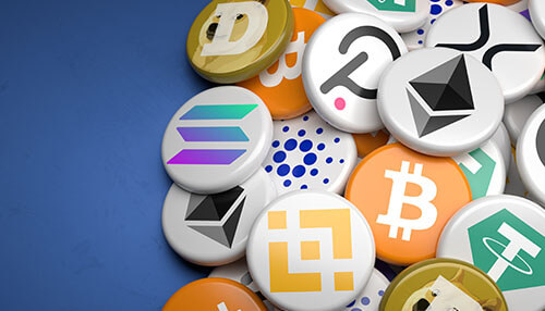 Bitcoin Cryptocurrencies icons and symbols displayed as digital tokens, highlighting popular crypto assets and decentralized finance concepts.