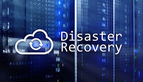 Disaster recovery Disaster recovery concept displayed on a digital server background with cloud backup and data protection symbols.