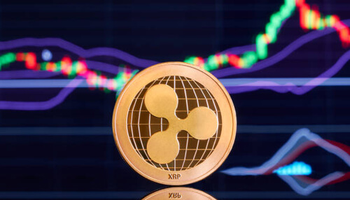 Higher capitalisation and valuation Ripple (xrp) cryptocurrency coin displayed in front of a colorful market chart, representing ripple price trends and trading activity.