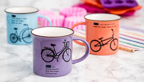 Mugs Colorful promotional mugs featuring bicycle designs, an excellent choice for promoting your business and engaging customers with branded items.