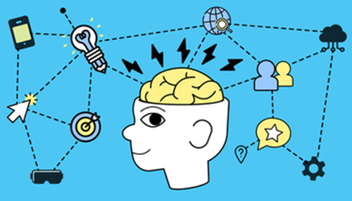 Strategic skills Online casino concept illustration of brain with connected digital icons, representing strategy, technology, and smart gaming decisions.