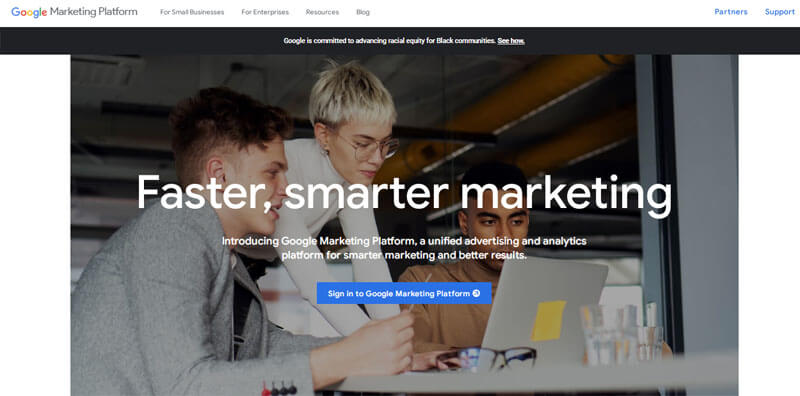 The platform for google marketing Google marketing platform page, a unified platform for analytics and marketing, offering data management solutions for businesses