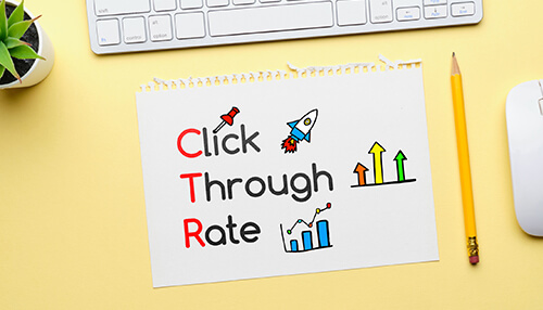 Why is clickthrough rate important for seo - tycoonstory | tycoonstory media Click-through rate" demonstrated with graphs, rockets, and arrows, stating the importance of click-through rate for seo.