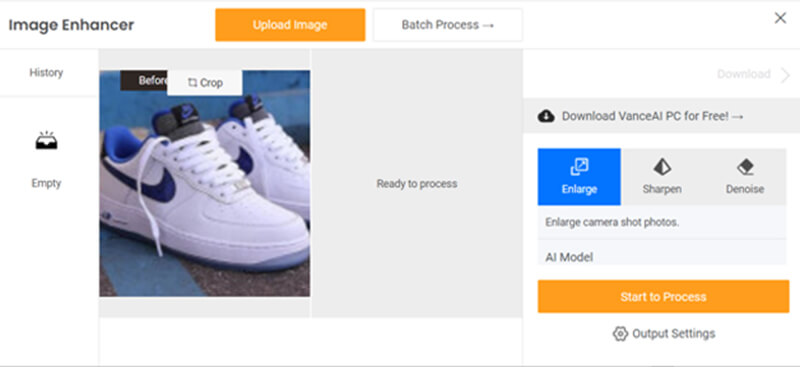 Ai model The vanceai image upscaler interface showing sneakers being processed for image enhancement with enlargement and sharpening options.