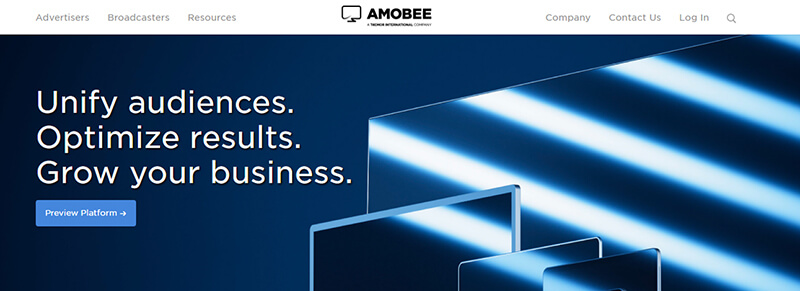 Amobee Amobee website homepage showing the message unify audiences. Optimize results. Grow your business. With a blue digital-themed background.