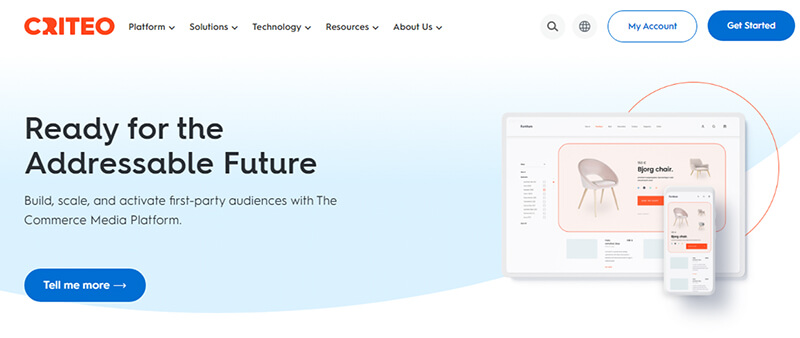 Criteo Criteo website homepage highlighting ‘ready for the addressable future’ with visuals of a product page displayed on desktop and mobile screens.