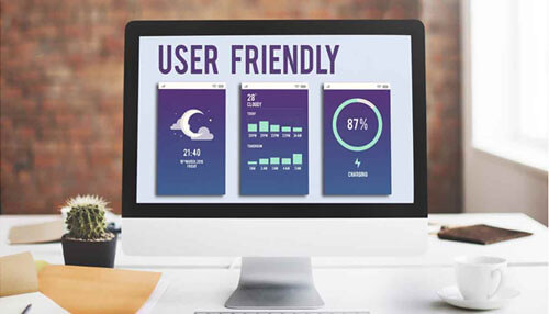 Design user-friendly website Computer screen displaying user interface analytics with the phrase “user friendly” above it.