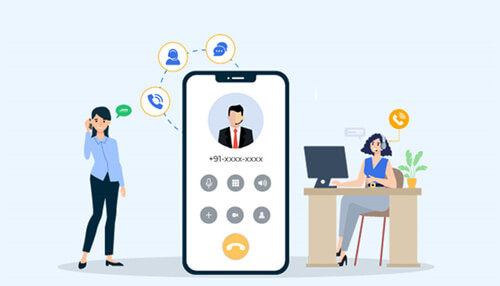 Flexibility in directing calls A woman receiving a call on her smartphone with virtual phone number icons displayed, and another person answering the call in a modern office environment.