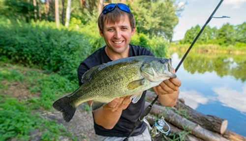Florida bass fishing Florida bass fishing scene featuring a smiling angler proudly displaying a large largemouth bass beside a calm lake surrounded by trees.