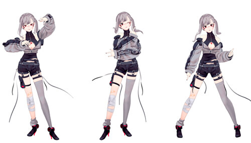 How to commission a vtuber 2022 - tycoonstory | tycoonstory media A fashionable vtuber with gray hair, red eyes, a cropped jacket, black shorts, and thigh-high stockings in three different positions.